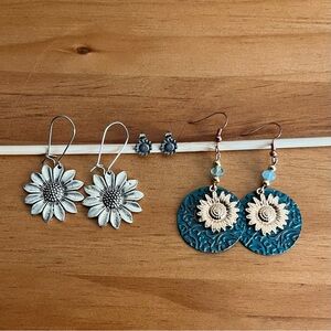 Three Pairs of Sunflower Earrings in Gold and Silver Tone Hook Post